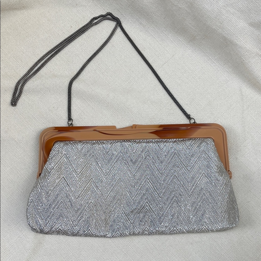 Vintage Silver Chevron Evening Clutch with Tan Plastic Frame